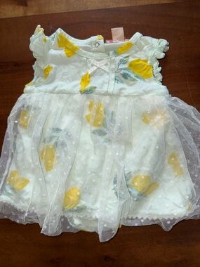 Tutu Couture‎ White Lemon Print Dress Sheer Dot Overlay Ruffle Sleeve 6-9 Months